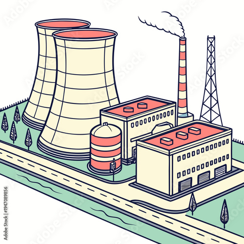 A nuclear power plant with cooling towers