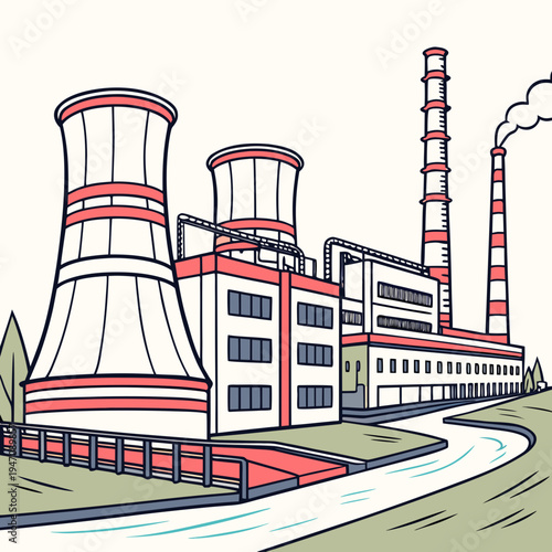 Nuclear power plant with cooling towers and smokestacks