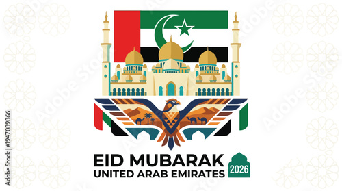 Eid Mubarak 2026 United Arab Emirates greeting with Grand Mosque and falcon