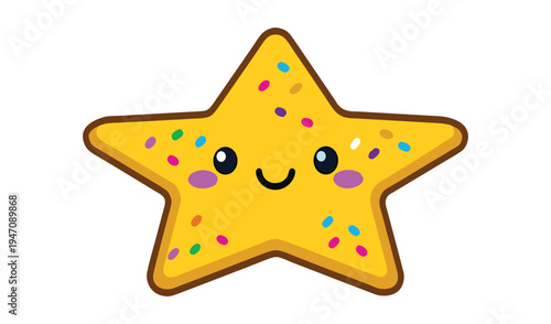 Cute cartoon yellow star cookie with sprinkles and happy face