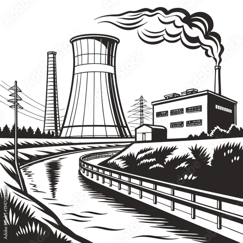 A nuclear power plant with a cooling tower and smokestack