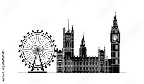 A minimalist black silhouette of the famous london city skyline featuring the big ben and eye