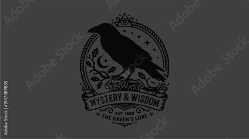 Mysterious Raven Emblem with Crescent Moon and Roses.