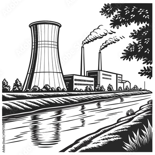 A nuclear power plant with a cooling tower