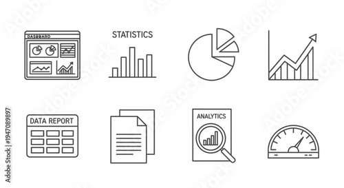 Collection of business data and analytics line icons