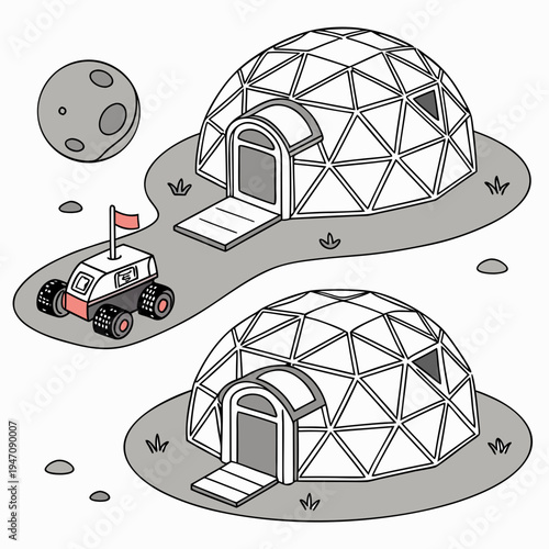 A futuristic lunar base with domes and a rover