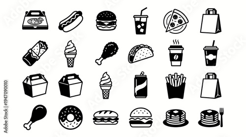 Collection of diverse fast food and drink icons set