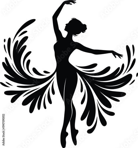 Artistic Silhouette of a Woman Dancing with Floral Swirls and Flourishes, Feminine Grace and Creative Movement Concept, Elegant Vector Design for Spa and Wellness
