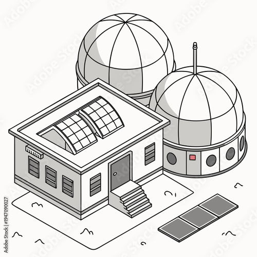 A building with two domes and a solar panel on the roof