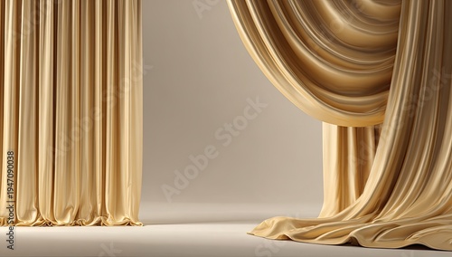 Elegant Golden Drapes Graceful Fabric Folds Stage Curtain Luxury.