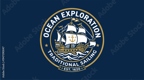 Ocean Exploration Traditional Sailing Ship Emblem.