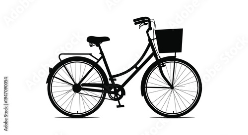 A striking black silhouette depicts a vintage bicycle with a front basket evoking a sense of simple mobility silhouette