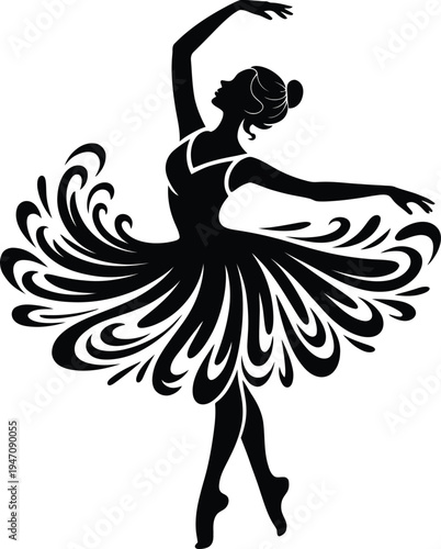 Elegant Ballerina Dancer Silhouette with Flowing Decorative Dress, Concept of Grace Beauty and Performance Art, Artistic Vector Illustration for Dance School and Theate