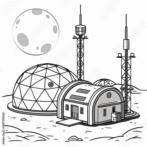 A futuristic space station on a distant planet with a large moon