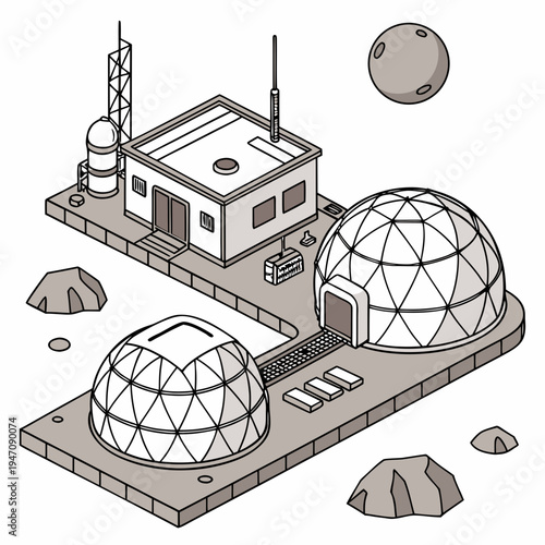 A futuristic space station with domes and a rocket