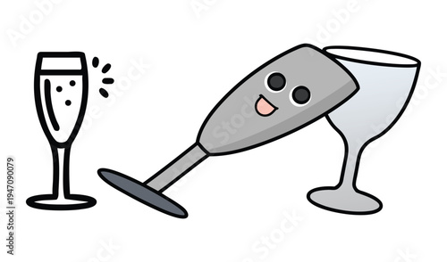 Funny cartoon champagne glasses celebrating with bubbles and happy face