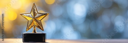 Golden Star Trophy on a Table with Bokeh Background.