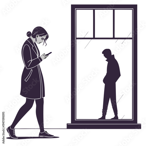 A woman walks past a man standing by a window looking sad