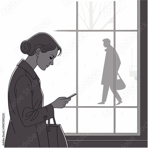 Woman looking at her phone by the window