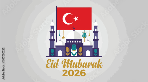 Eid Mubarak 2026 Turkey greeting with mosque Turkish flag and tulips
