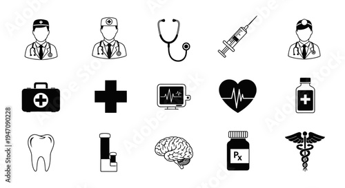 Collection of flat black and white medical healthcare icons