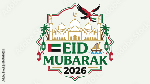 Eid Mubarak 2026 UAE badge with Grand Mosque falcon and traditional dhow