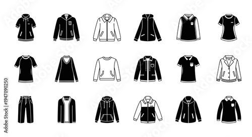 Collection of flat outline black and white clothing icons