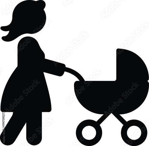 Mother Pushing Baby Stroller Silhouette Parenting Lifestyle Illustration