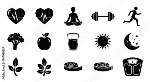 Collection of health and wellness icons for fitness and lifestyle