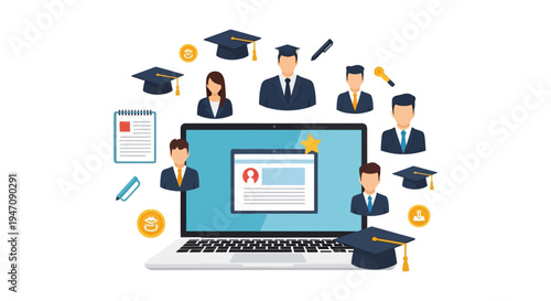 Online Education Platform Concept - E-Learning Network with Students, Tutors, and Graduation Caps on Laptop Screen Interface