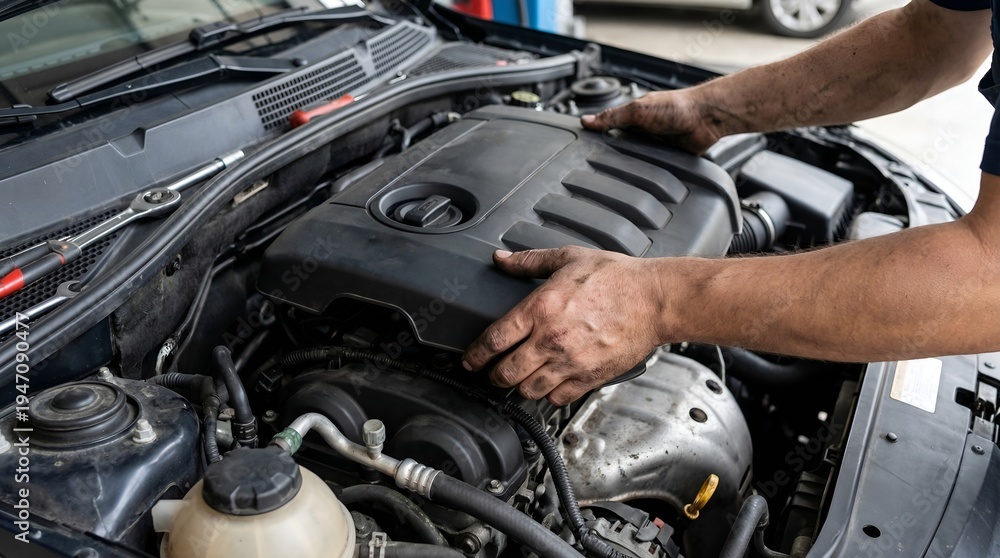 Fototapeta premium Man replacing car engine cover in a vehicle