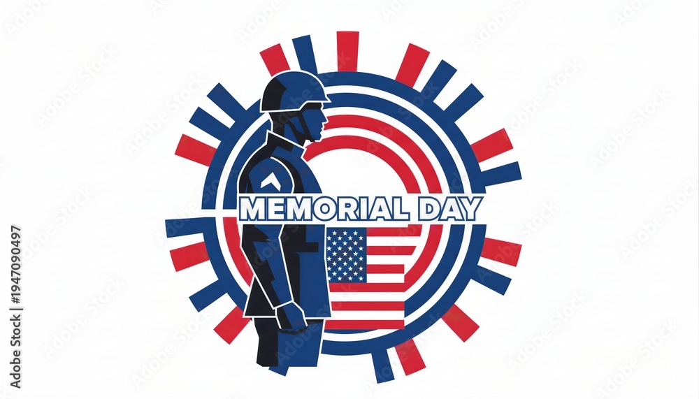 Fototapeta premium Soldier standing in front of abstract circle with American flag pattern. Memorial Day graphic illustration for honor and remembrance. Military veteran salute concept for national holiday.