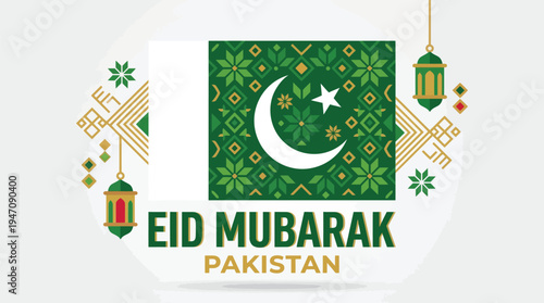Eid Mubarak Pakistan greeting background with geometric flag pattern and lanterns