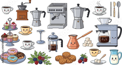 Cute Coffee and Bakery Elements Collection with Espresso Machine, Cups, Donuts, Cookies, Berries and Coffee Brewing Equipment Cartoon Vector Illustration Set
