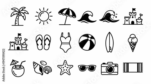 Collection of minimalist beach and summer outline icons