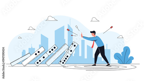Man stopping a chain reaction of falling dominoes in front of a city skyline to represent risk management and crisis control.
