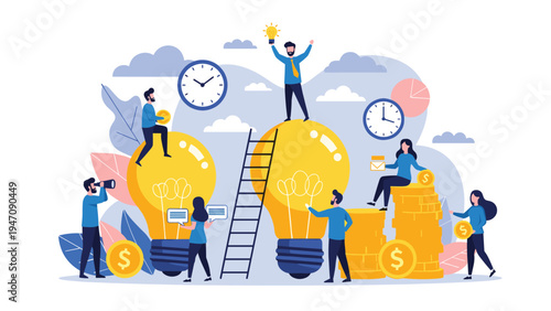 Team of professionals collaborating around giant lightbulbs and stacks of money for creative business ideas and investment.