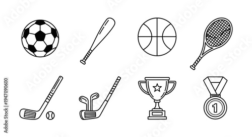 Collection of sports equipment and competition awards line icons