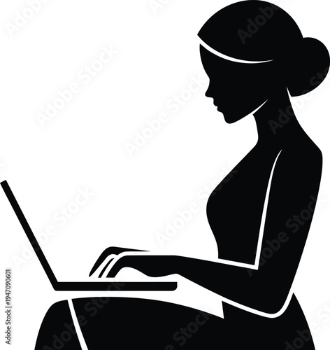 Woman Working on Laptop Silhouette Remote Work and Online Job Concept