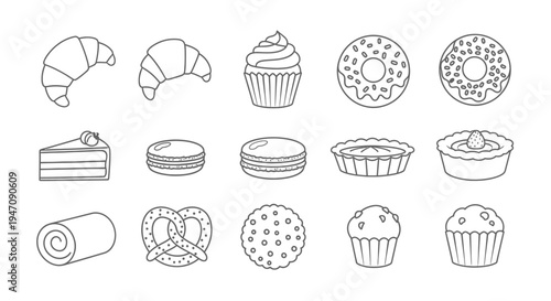 Collection of sweet bakery and dessert line art icons