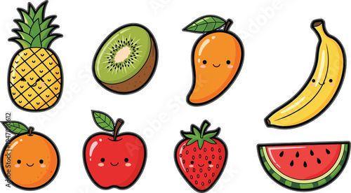 Cute Kawaii Fruit Characters Collection with Pineapple, Kiwi, Mango, Banana, Apple, Strawberry, Orange, and Watermelon for Kids Illustration, Stickers, and Healthy Food Design