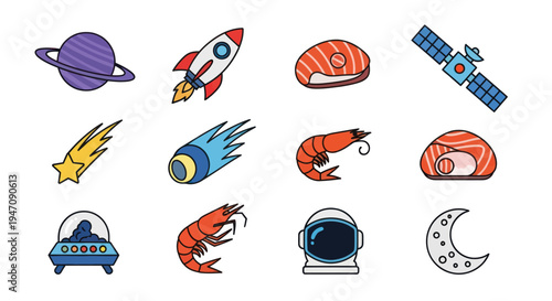 Cosmic icons rocket planets food and space elements
