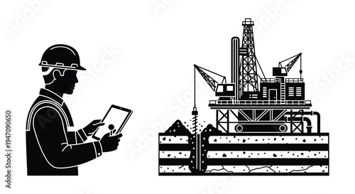 An oil worker utilizes digital technology while standing near an offshore drilling platform a striking silhouette high quality