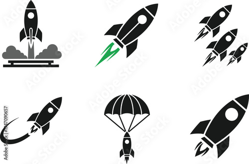 Rocket silhouette icon illustration, launch artwork design, space flight graphic, aerospace technology symbol, satellite propulsion drawing, cosmic exploration artwork, orbital maneuver