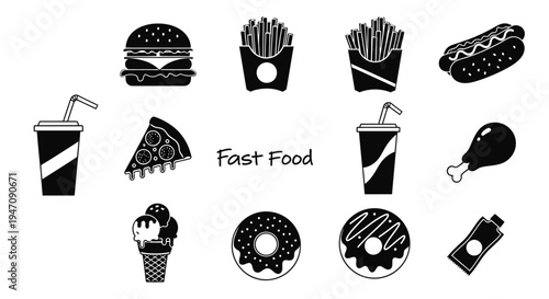 Collection of various black fast food icons and snack silhouettes