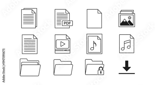 Collection of various digital file and folder outline icons