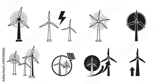 Collection of wind turbine renewable energy icons in black