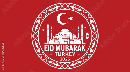 Circular Eid Mubarak Turkey 2026 stamp with mosque and geometric border