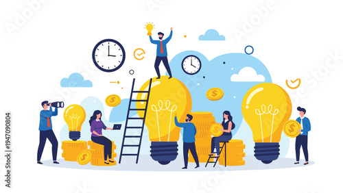 Collaborative team working around large lightbulbs and coins to represent the development of profitable business ideas and plans.