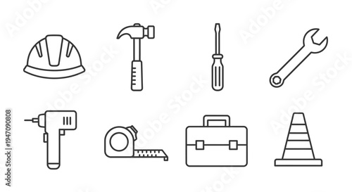 Construction and repair tools line icons set on white